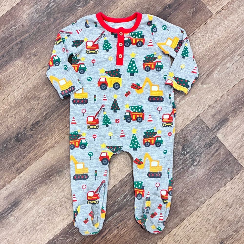 Mud Pie Christmas Construction Footie Sleeper Truck Holiday One-Piece 6-9m